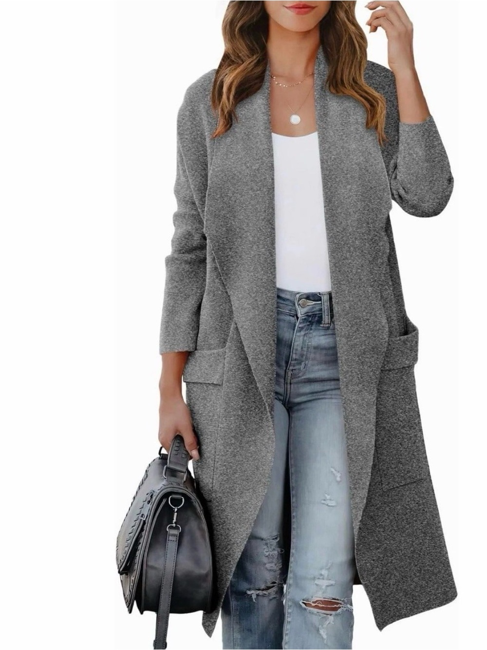 Luniro Women’s Long Open Front Cardigan – Gray – Size XL
